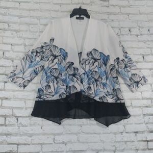 Travel Elements Womens Open Front Top Medium White Blue Black Floral 3/4 Sleeve